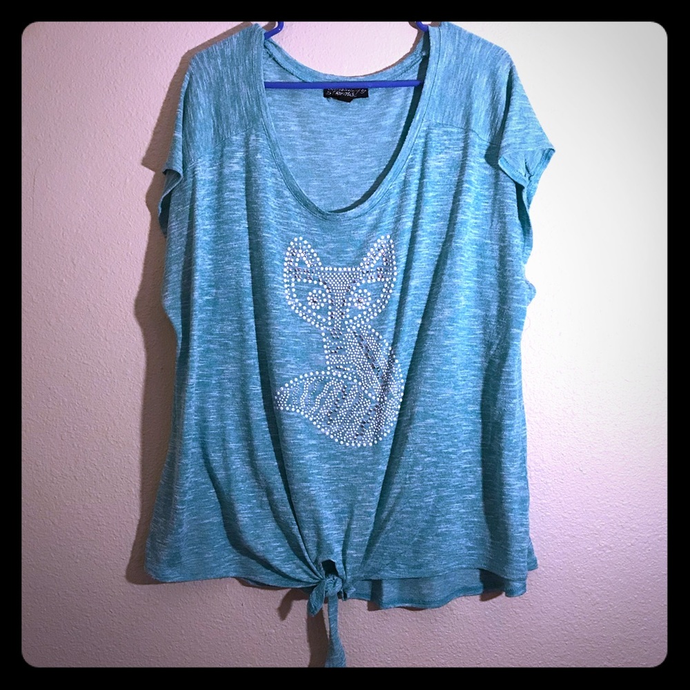Absolutely Famous Plus Size Green Studded Fox Top